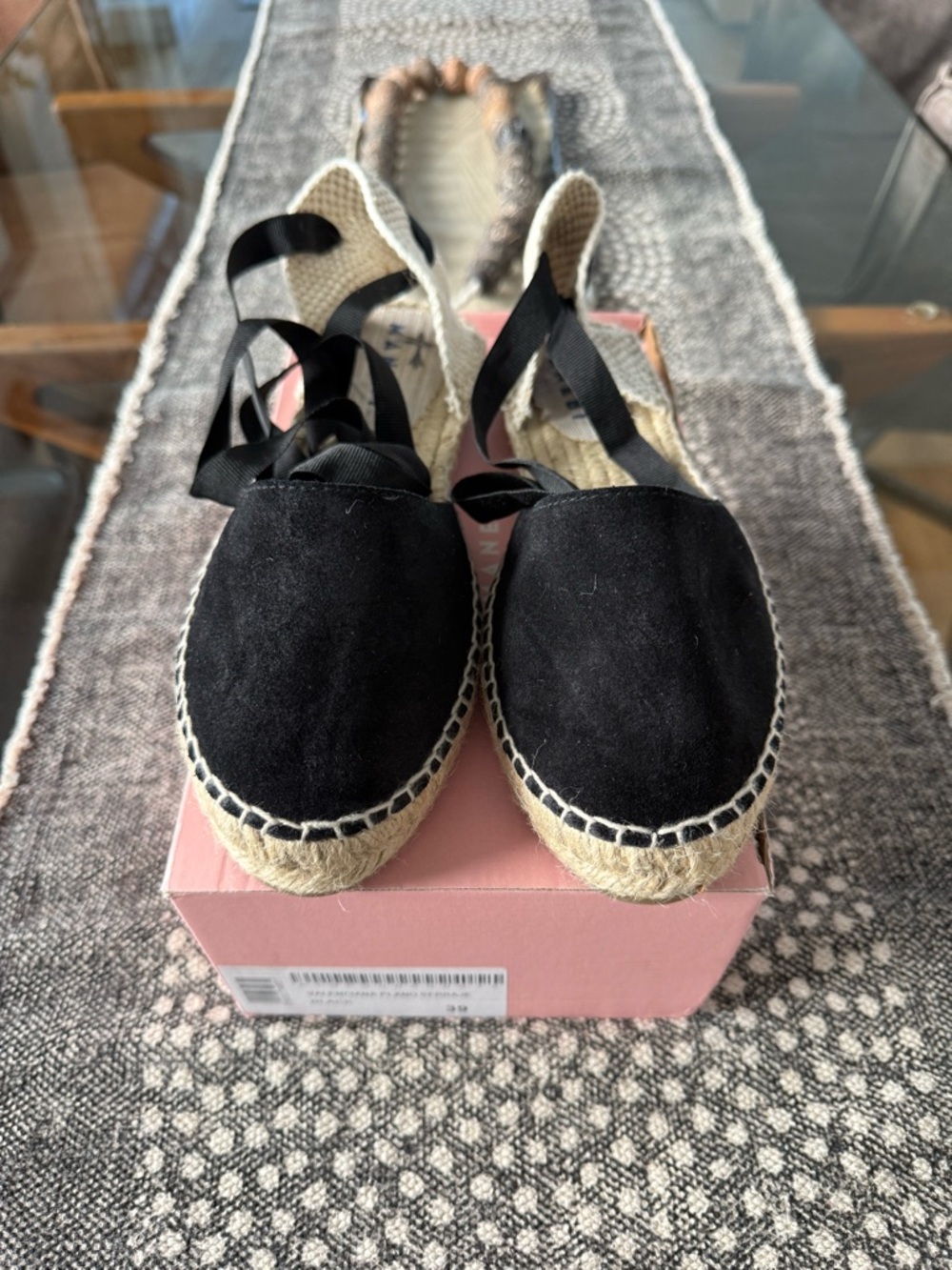 Manebi Valenciana Plano Serraje Black Espadrille Lace-Up Flats - Size 39 (9 US)